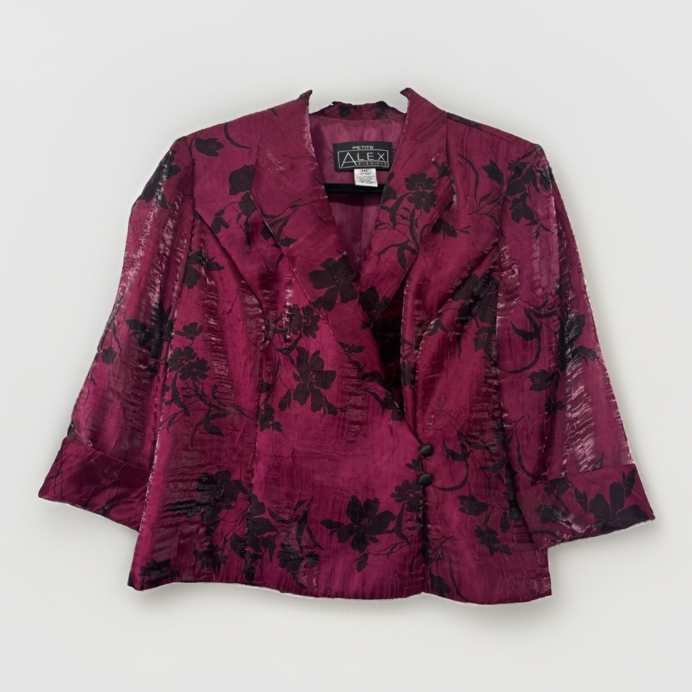 Alex Evenings Jacket M Petite Wine Floral Sheer Sleeve Iridescent Party Cocktail